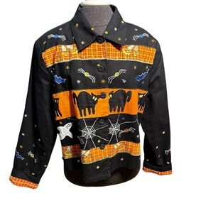 Tunique Black Embroidered Appliqué Cotton Halloween Jacket XL Vintage Unworn